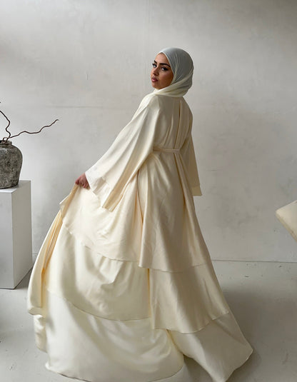 Satin Layered Abaya in Ivory