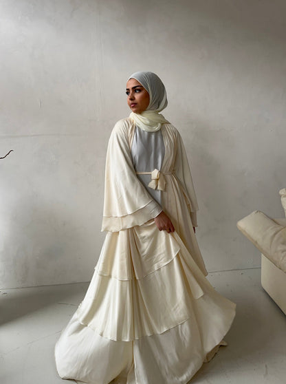 Satin Layered Abaya in Ivory