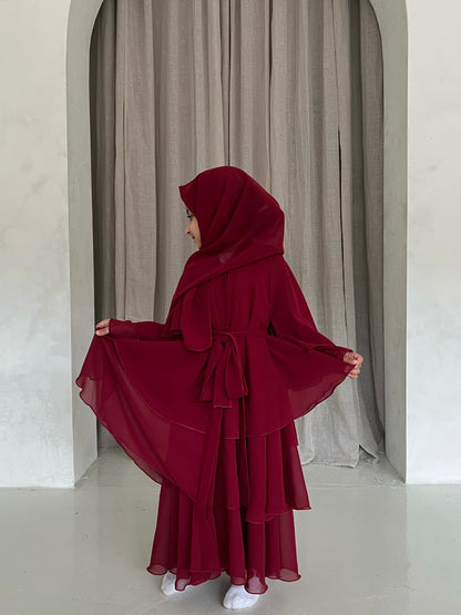 Children's layered abaya in Cherry Red