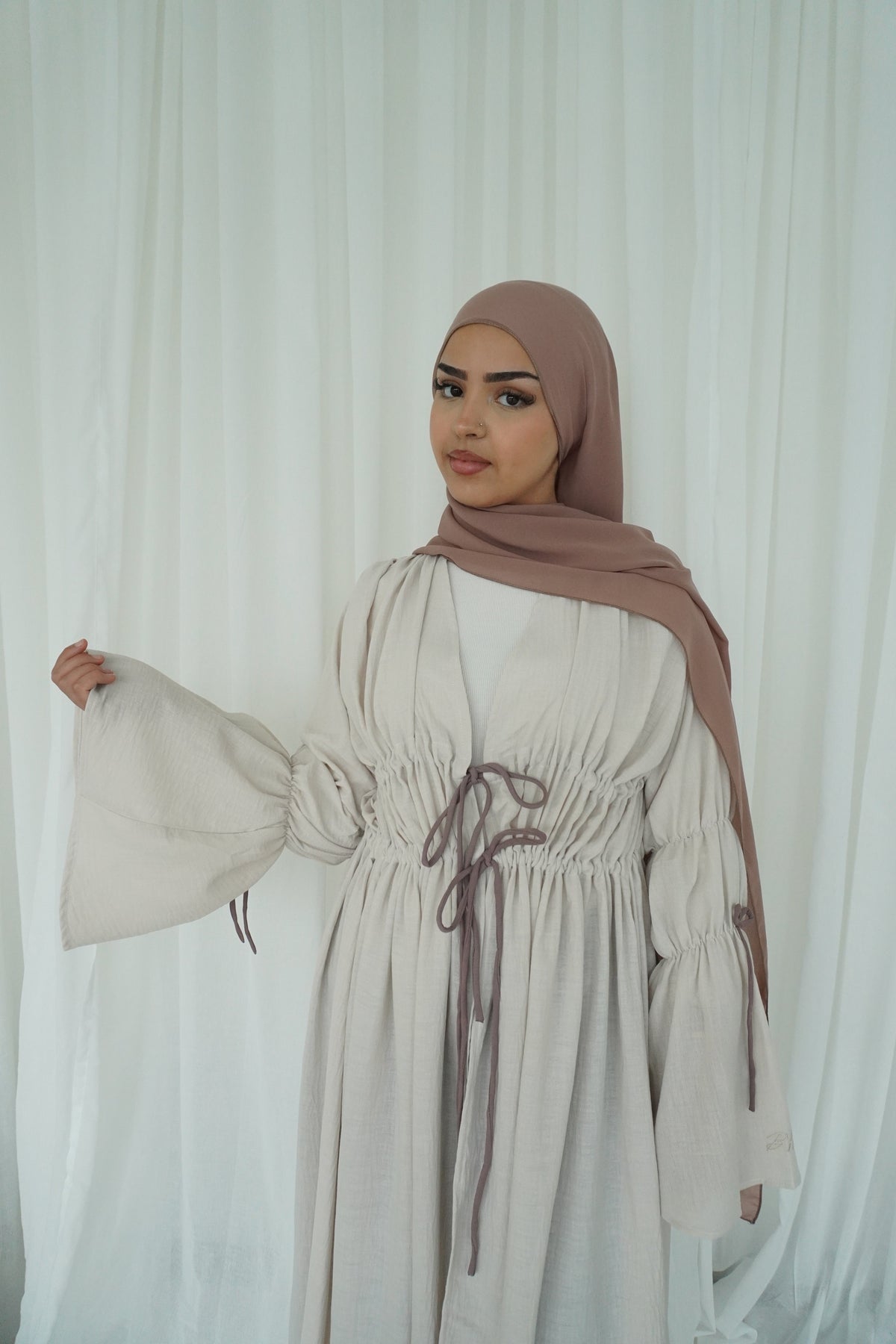 Contrast Ruched Abaya in Beige