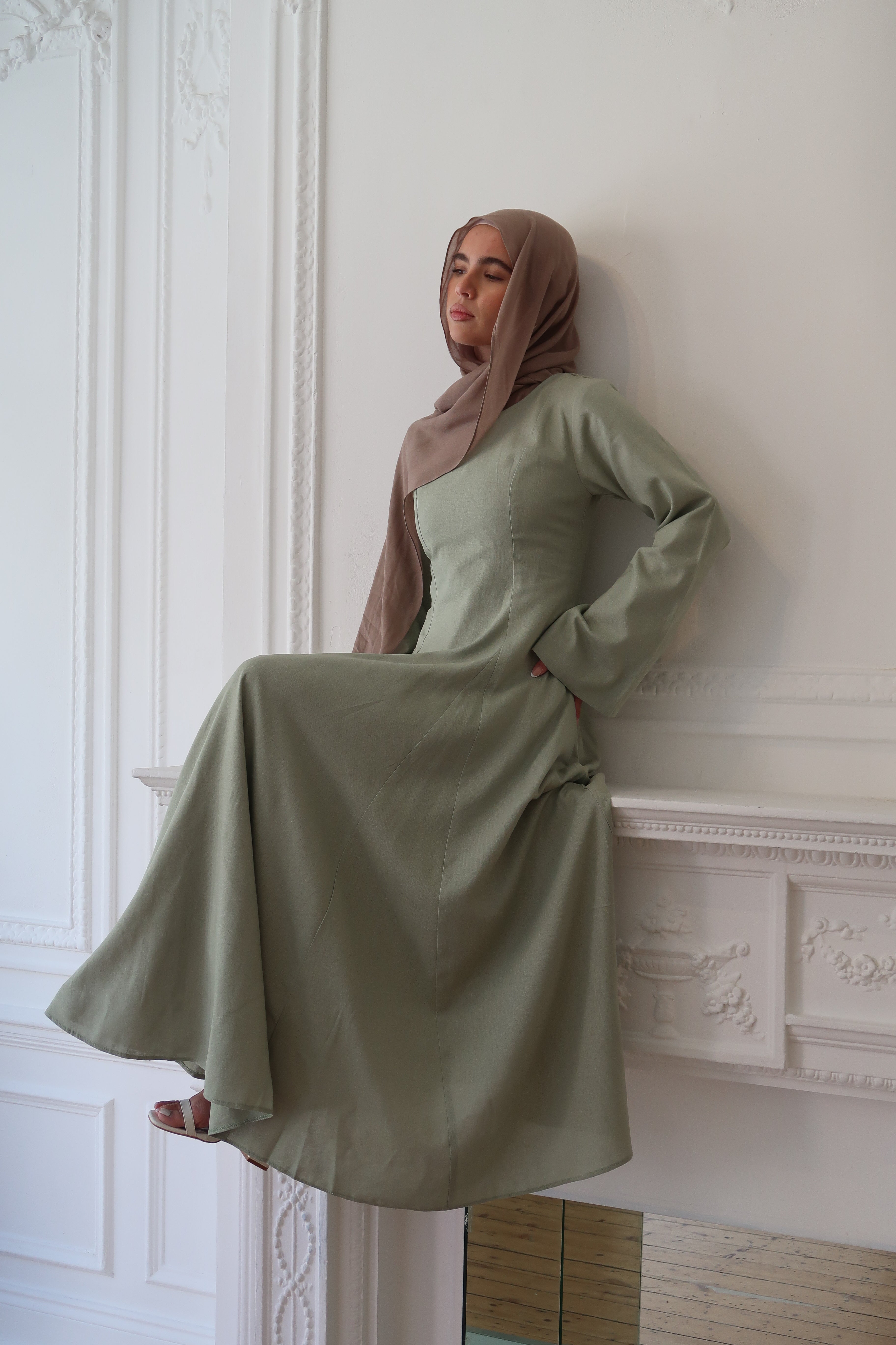 Linen Lace-Up Dress in Sage – ByHasanat