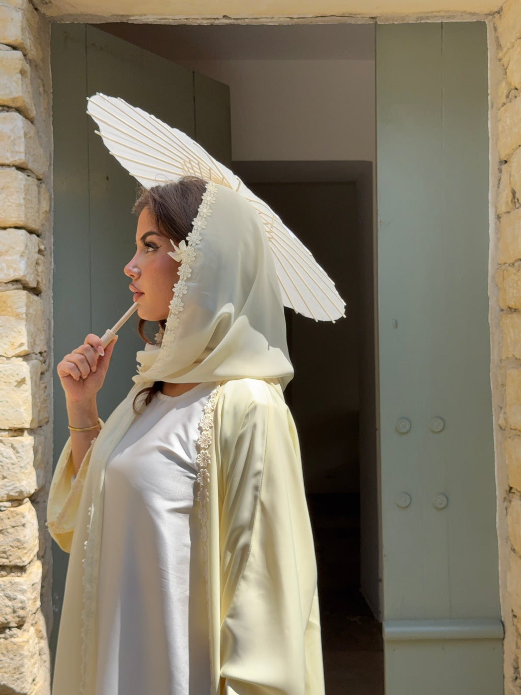 Lace Flower Abaya in Butter