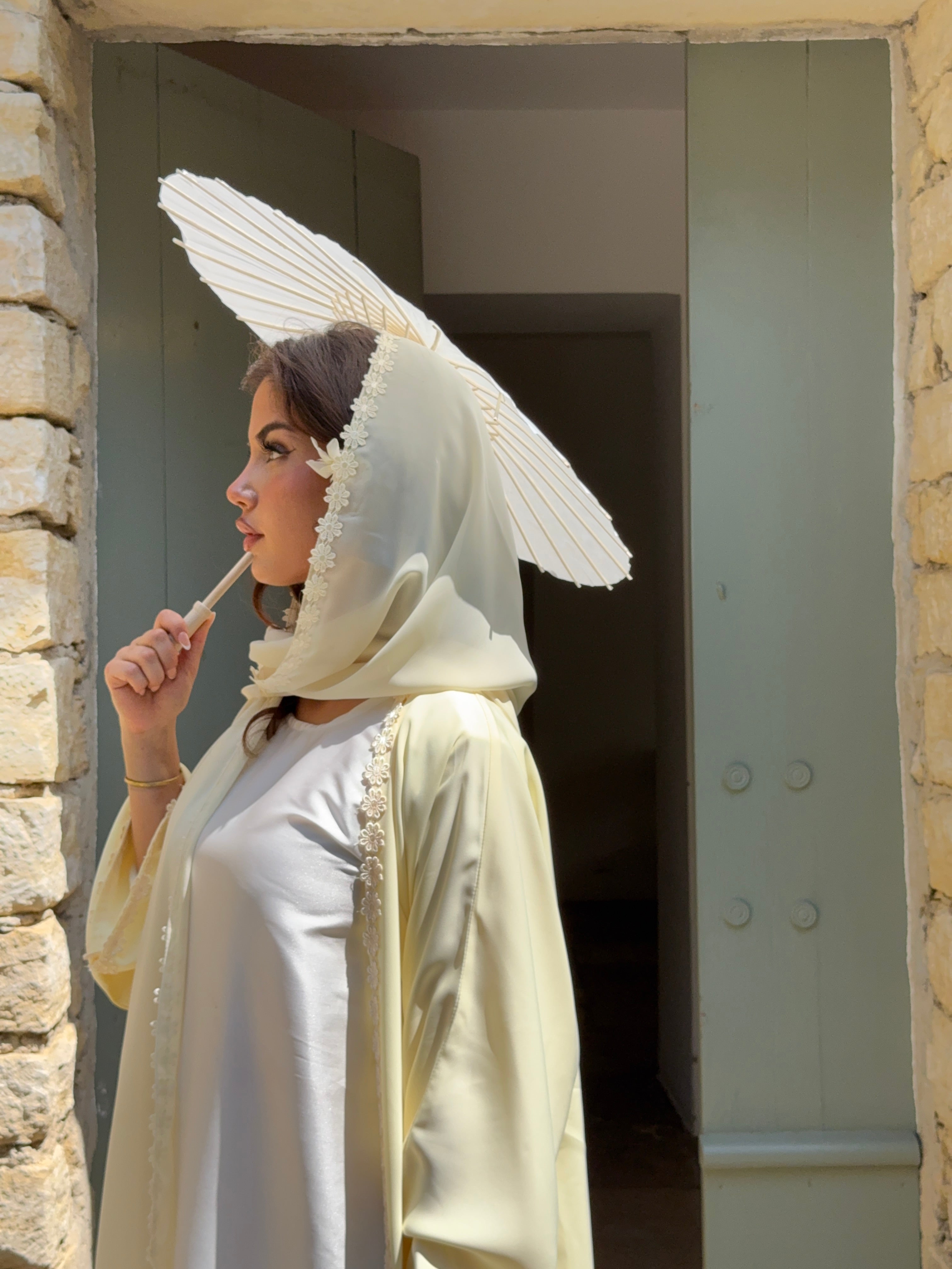 Lace Flower Abaya in Butter
