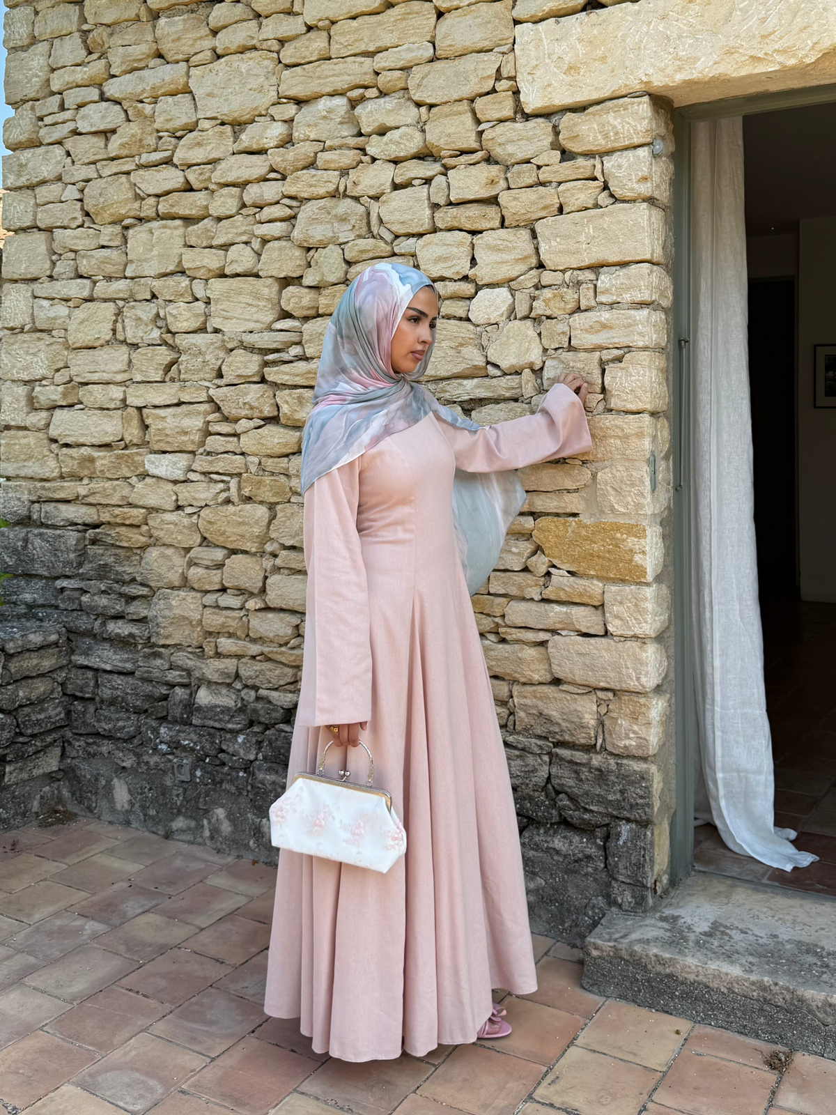 Linen Lace-Up Dress in Powder Pink