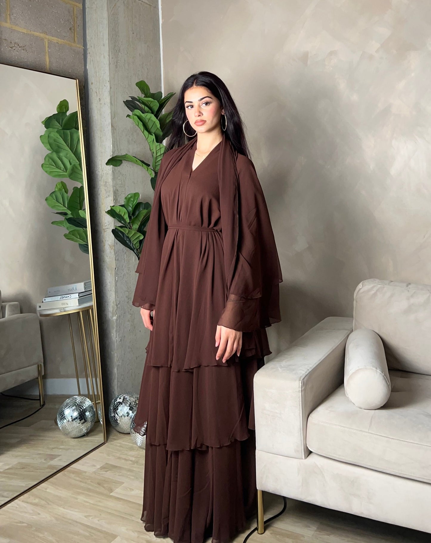 Layered abaya in Chesnut Brown
