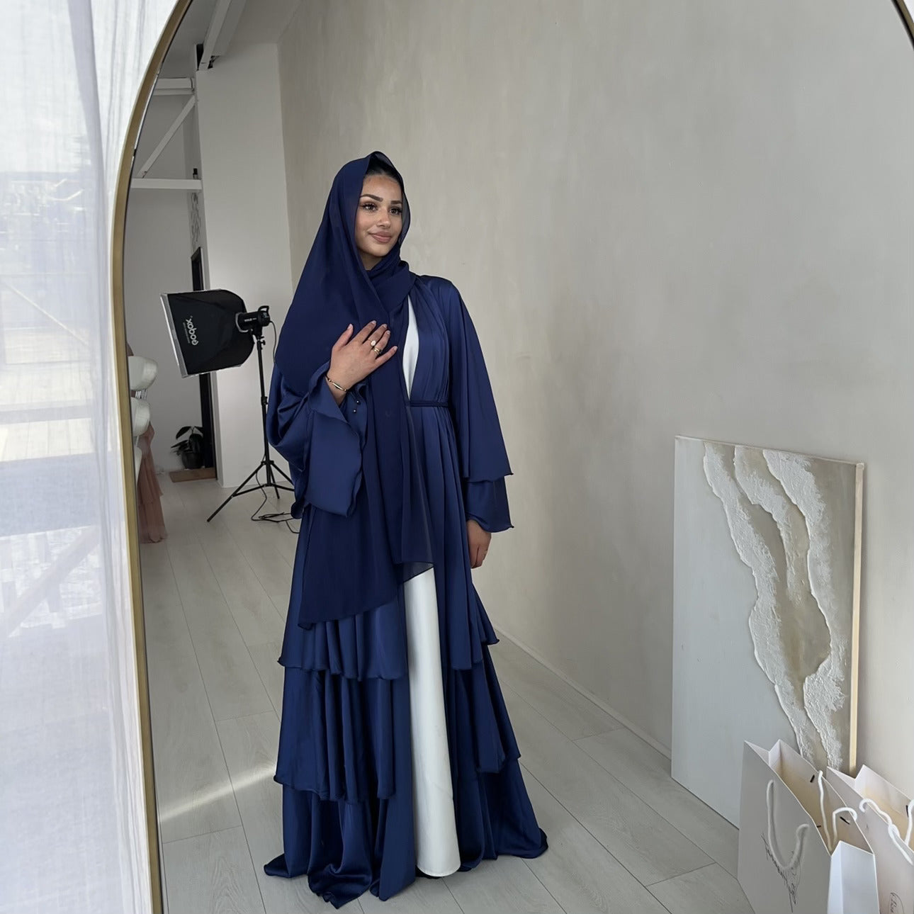 Satin Layered abaya in Sapphire Blue