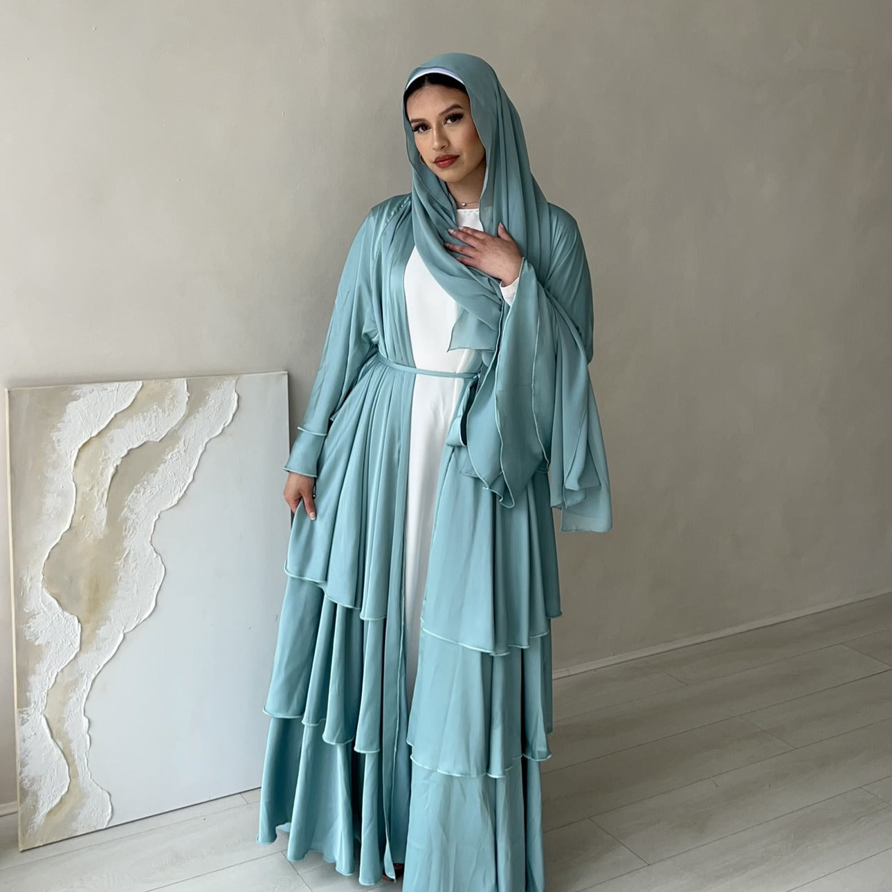 Satin Layered abaya in Icy Blue – ByHasanat