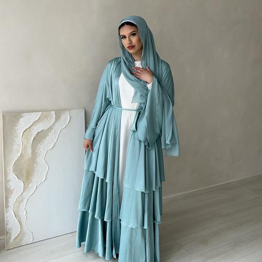 Satin Layered abaya in Icy Blue