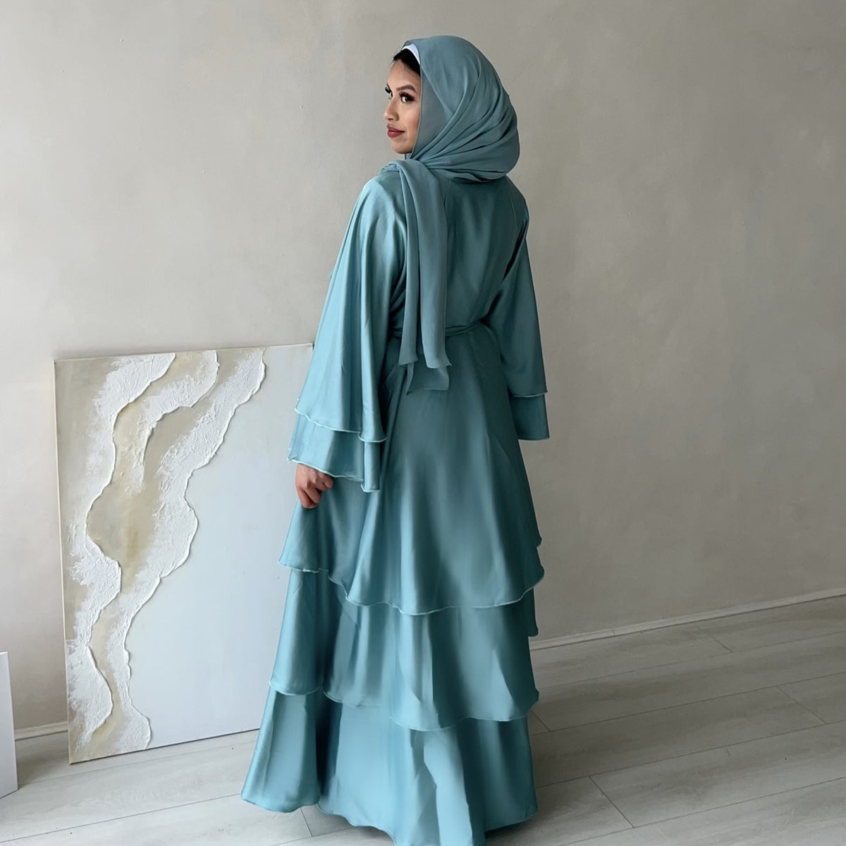 Satin Layered abaya in Icy Blue