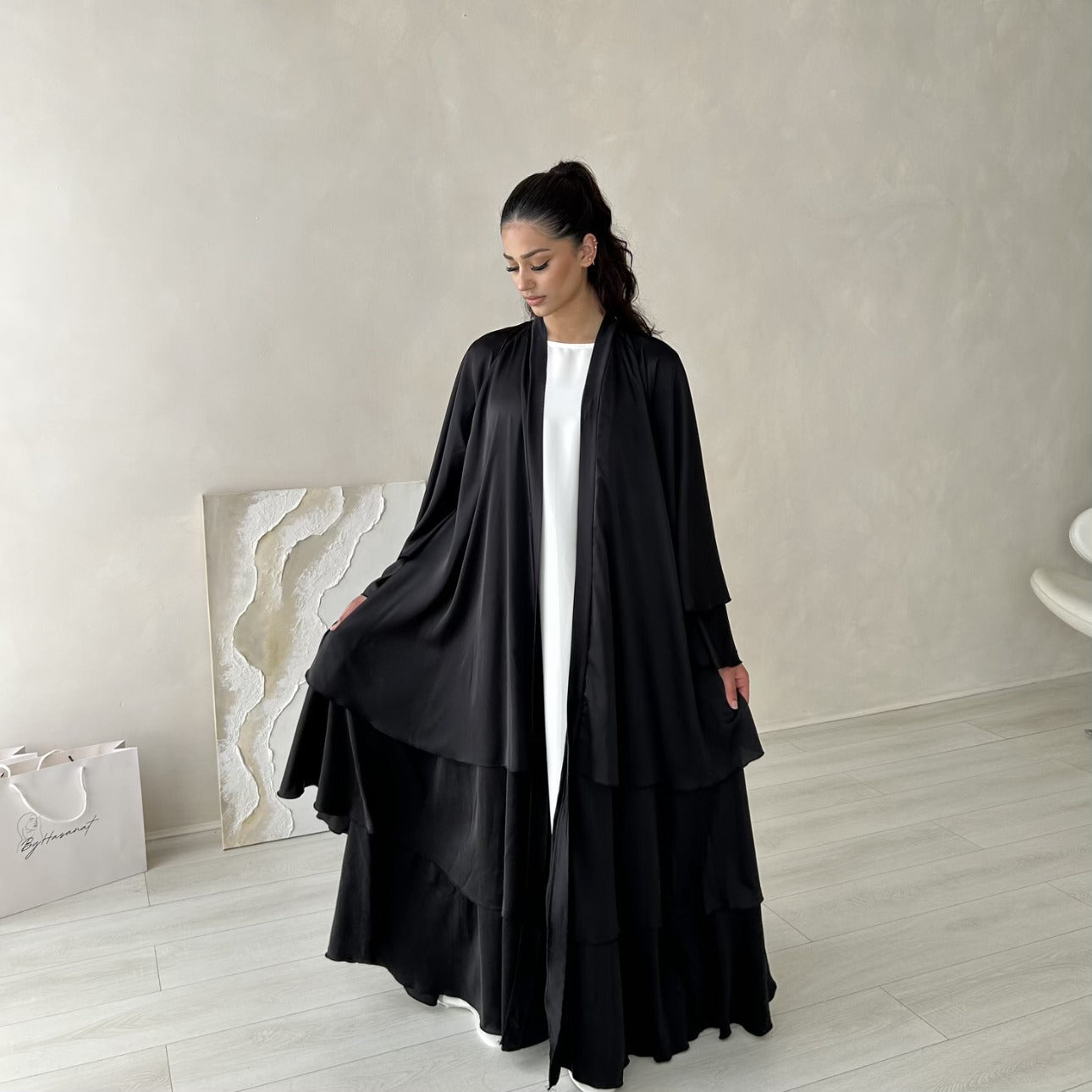 Satin Layered abaya in Onyx – ByHasanat