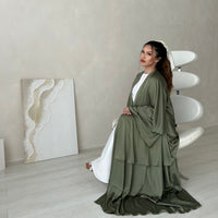 Satin Layered abaya in Olive Green