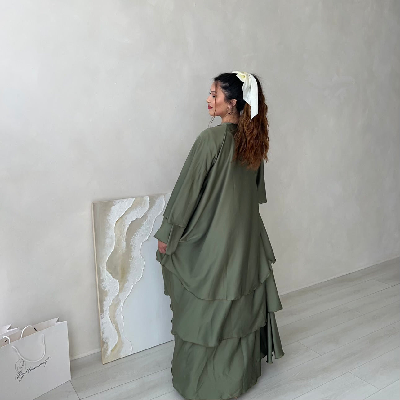 Satin Layered abaya in Olive Green – ByHasanat