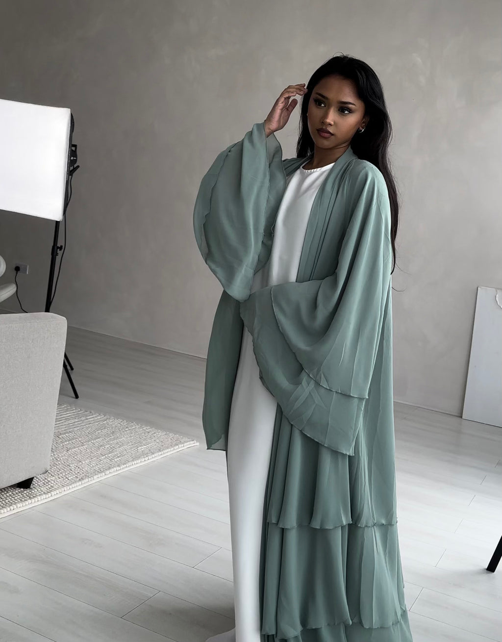 Layered Abaya in Sage Green – ByHasanat