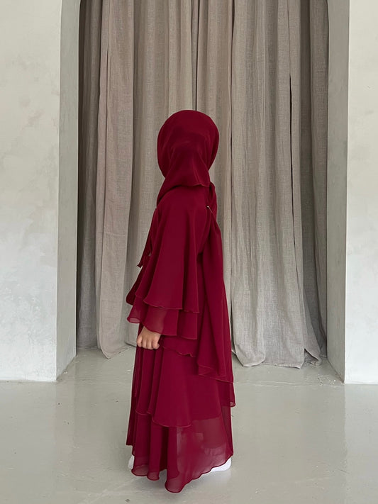 Children's layered abaya in Cherry Red