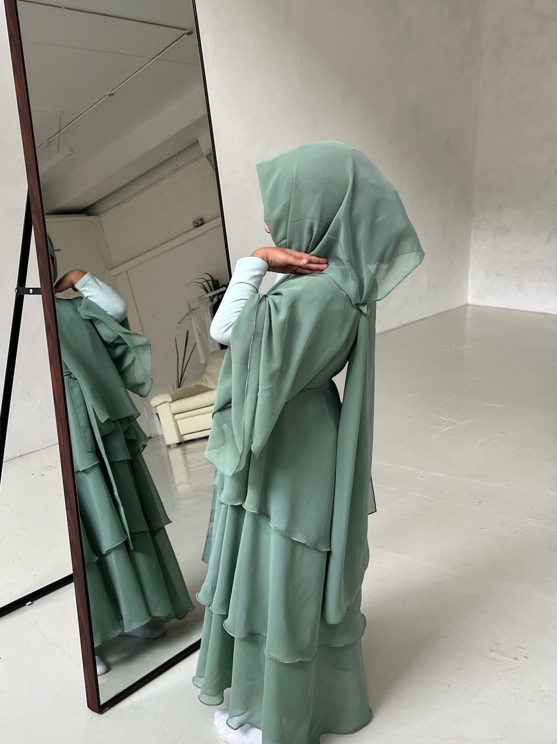 Children's layered abaya in Sage Green