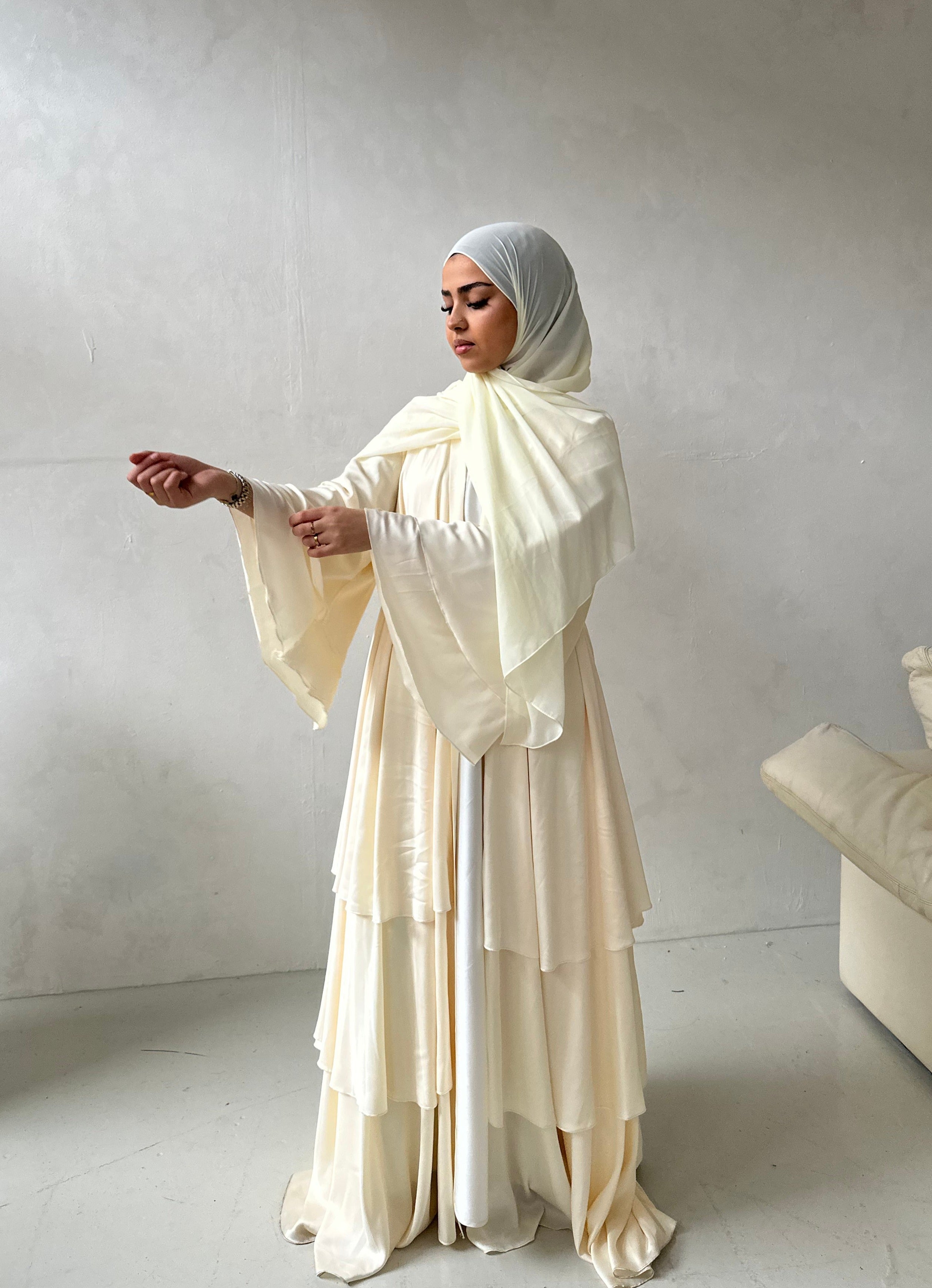 Satin Layered Abaya in Ivory