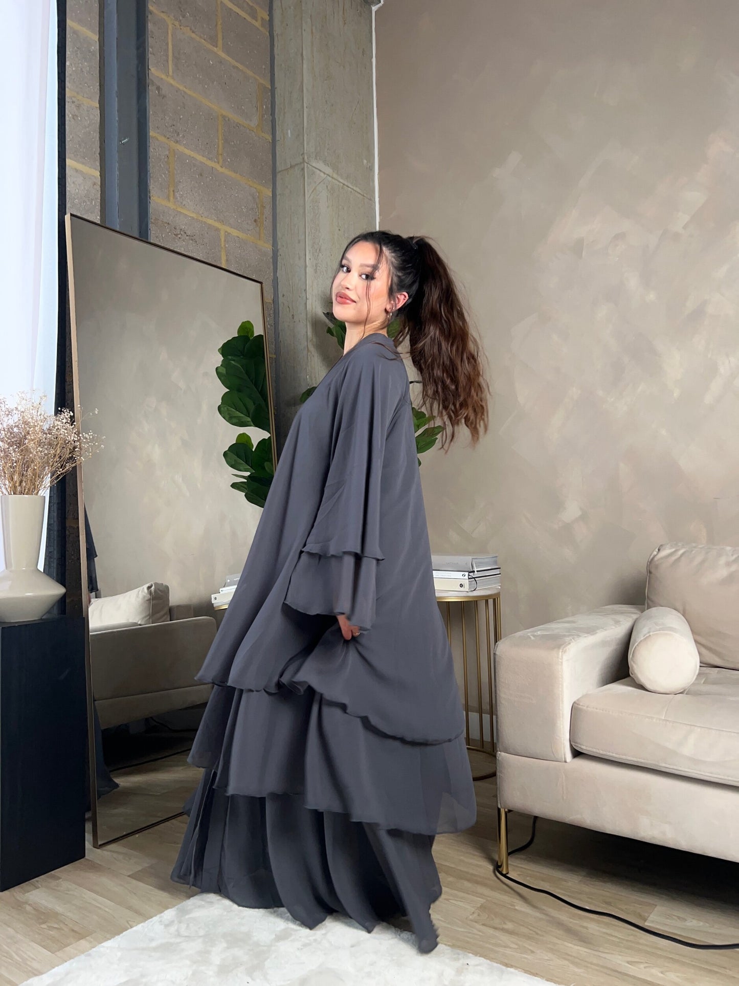 Layered abaya in Charcoal Grey