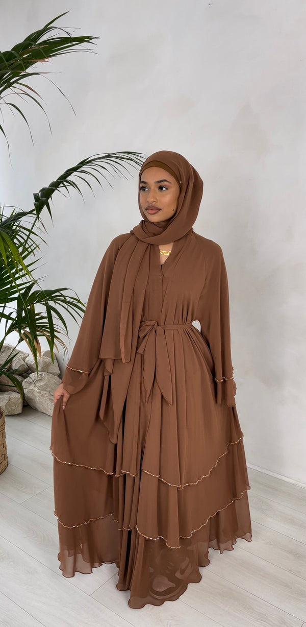 Layered Crystal Abaya in Caramel Beige