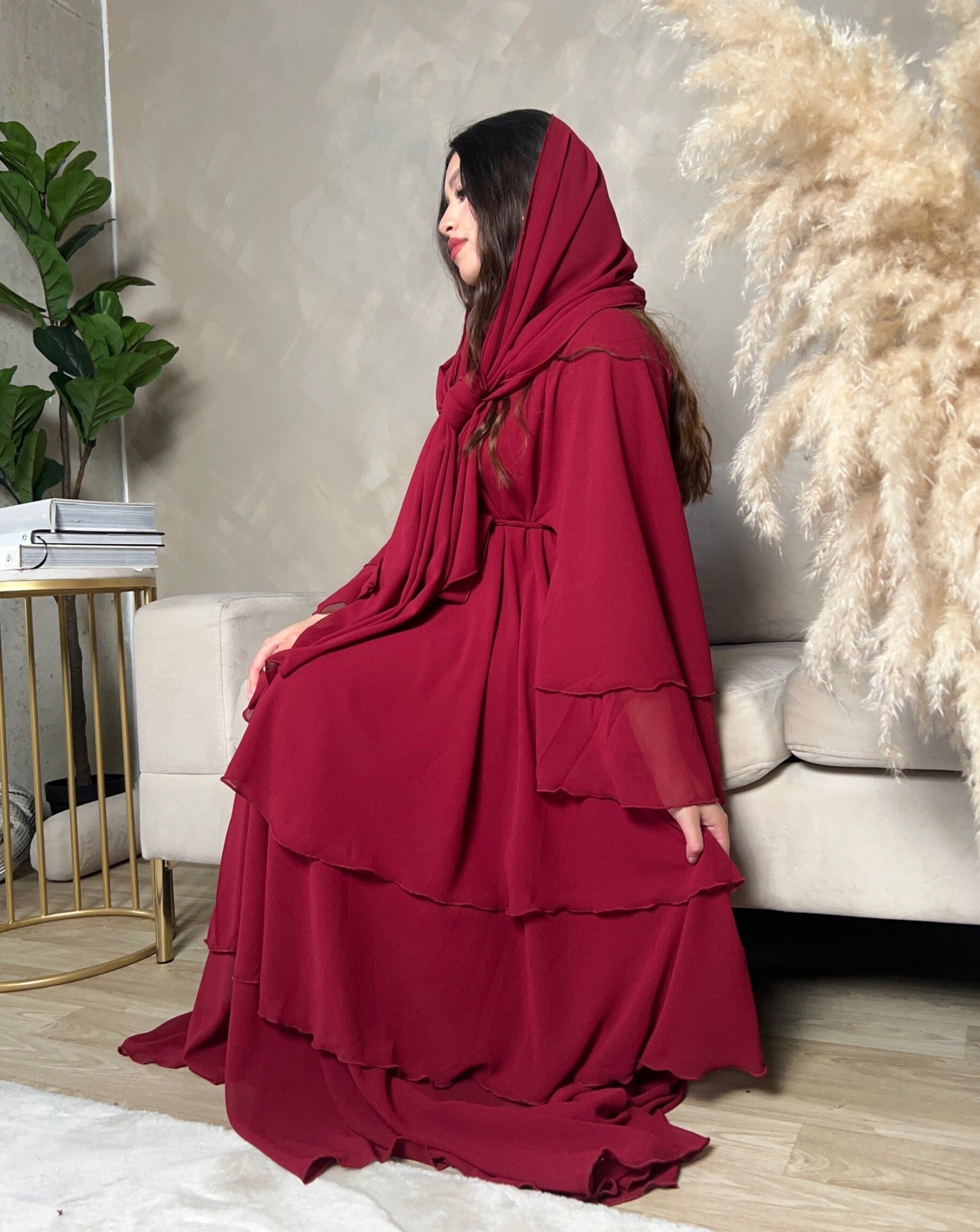 Layered abaya in Cherry Red