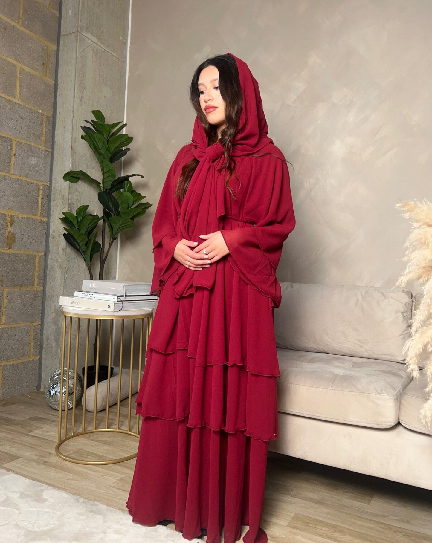 Layered abaya in Cherry Red