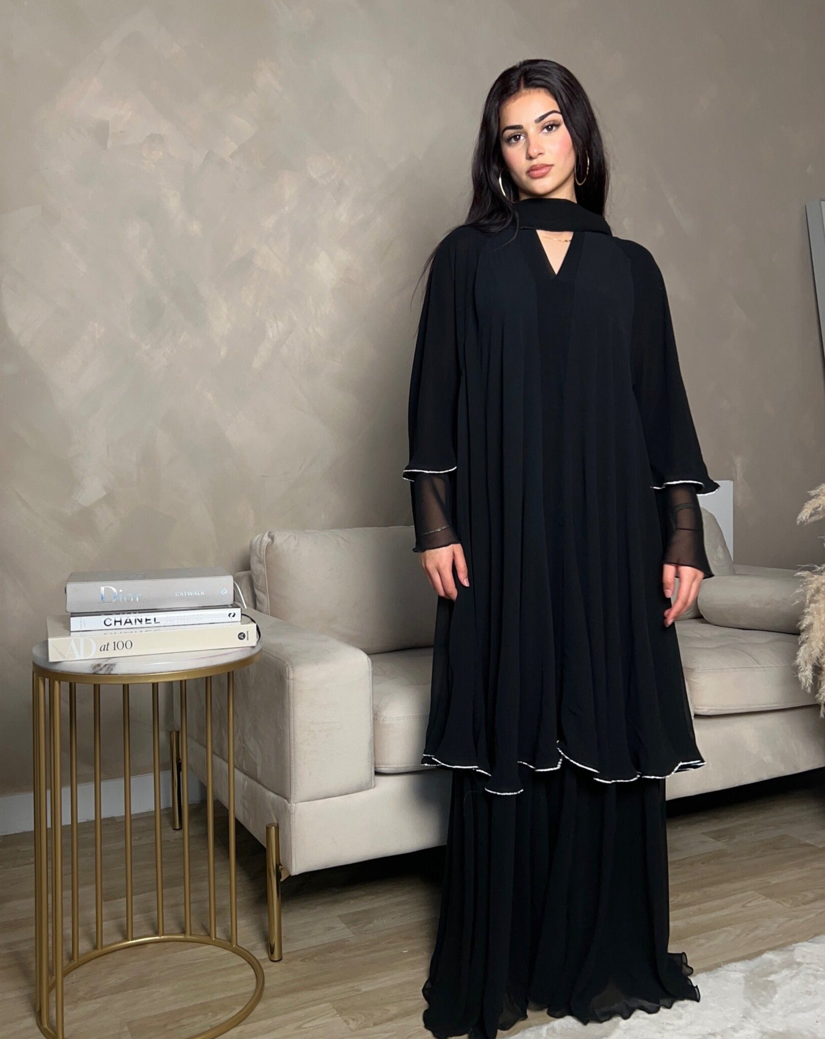 Diamond layered abaya in Midnight Black