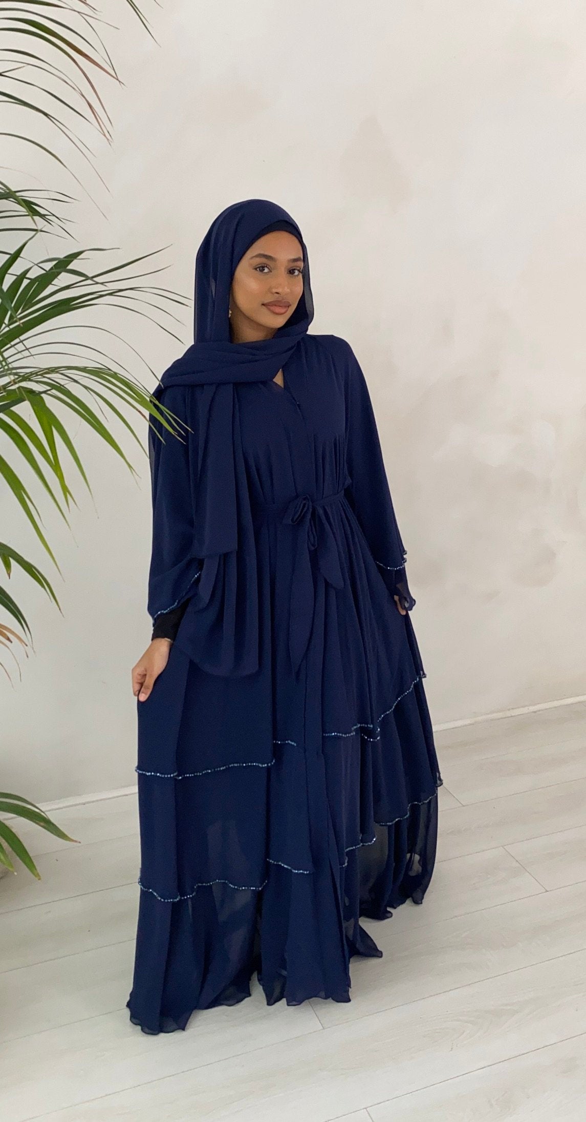 Layered crystal abaya in Navy Blue