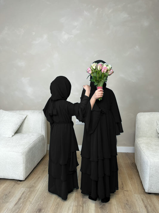 Children's layered abaya in Plain Black