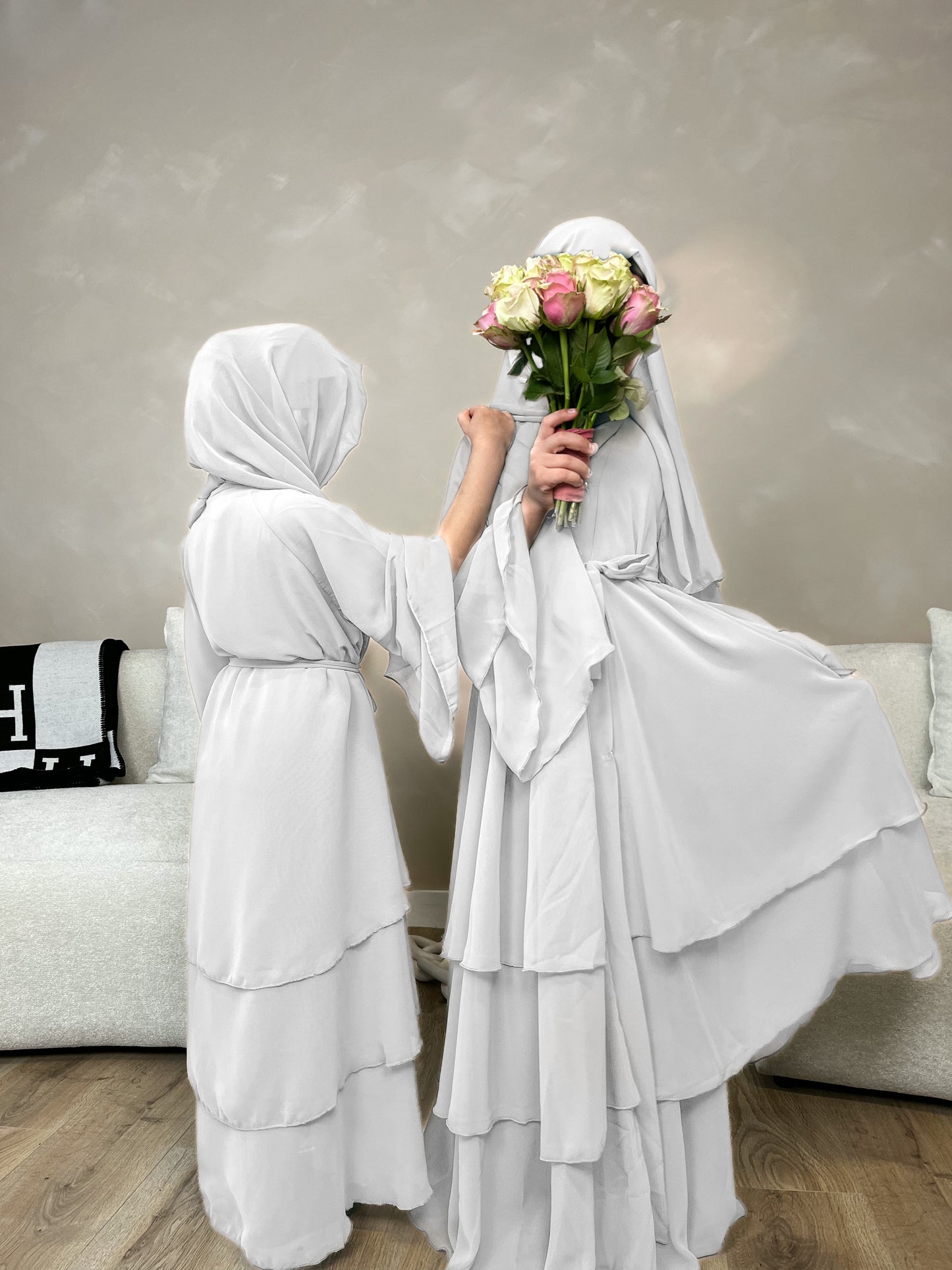 Children's layered abaya in White
